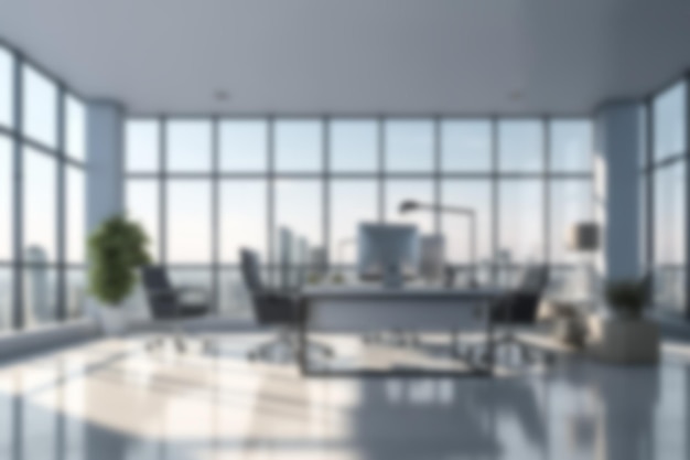 Fundo desfocado de escritório moderno com janelas panorâmicas e vista da cidade