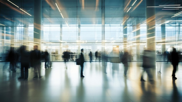 fundo desfocado de pessoas circulando pelo terminal do aeroporto, sugerindo um fluxo constante de viajantes em suas viagens