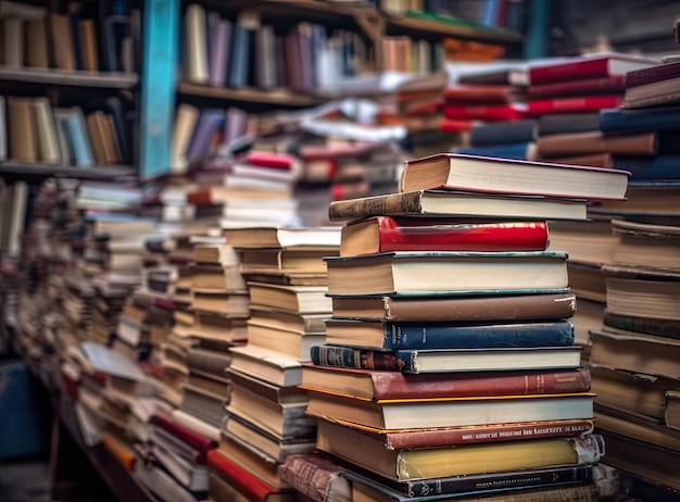 Fundo desfocado de pilha de livros na sala de estudo do ensino médio, faculdade ou campus universitário Educação ou conceito acadêmico imagem de obras literárias em uma mesa na sala de pesquisa do professor