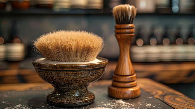 Fundo desfocado de salão de cabeleireiro para homens barbearia com escova para barbear a barba