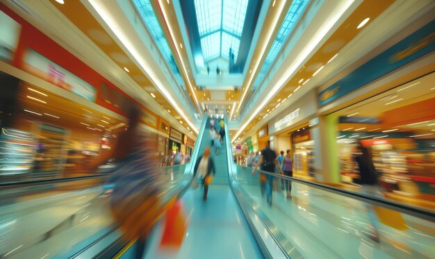 Foto fundo desfocado de um centro comercial moderno com alguns compradores