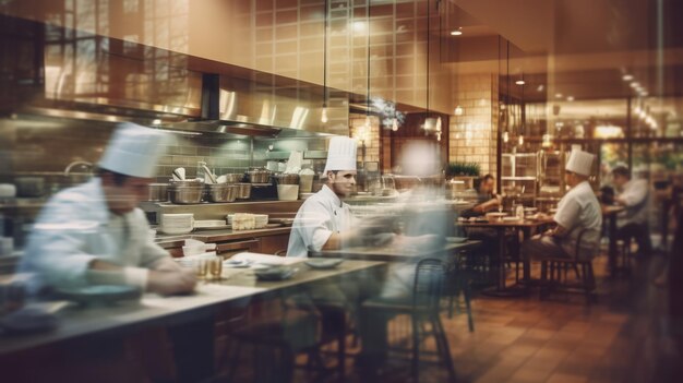 fundo desfocado do restaurante com algumas pessoas comendo e chefs e garçons trabalhando