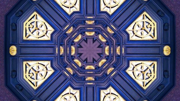 Fundo digital abstrato do caleidoscópio da mandala dourada azul