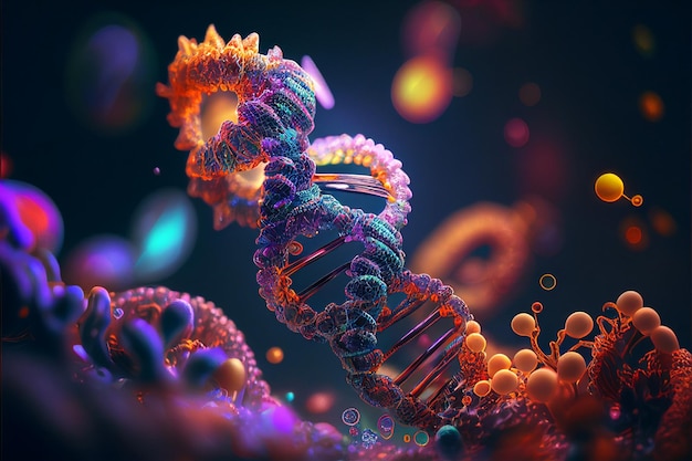 Fundo digital futurista de DNA Fundo abstrato para ciência e tecnologia Resumo 3d poligonal wireframe DNA molécula hélice espiral Mutação genética