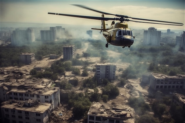 Fundo do campo de batalha da guerra da cidade com helicóptero no ar destruiu edifícios Generative AI