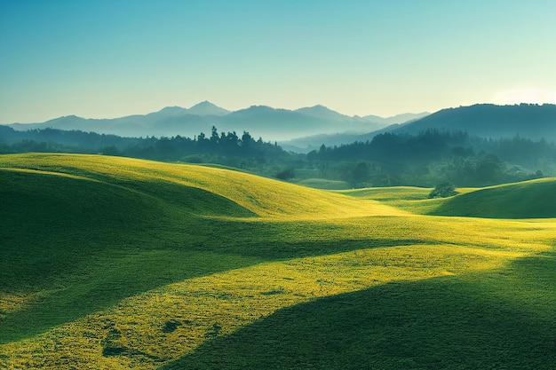 Fundo do campo de grama verde nas colinas e céu azul ilustração 2D