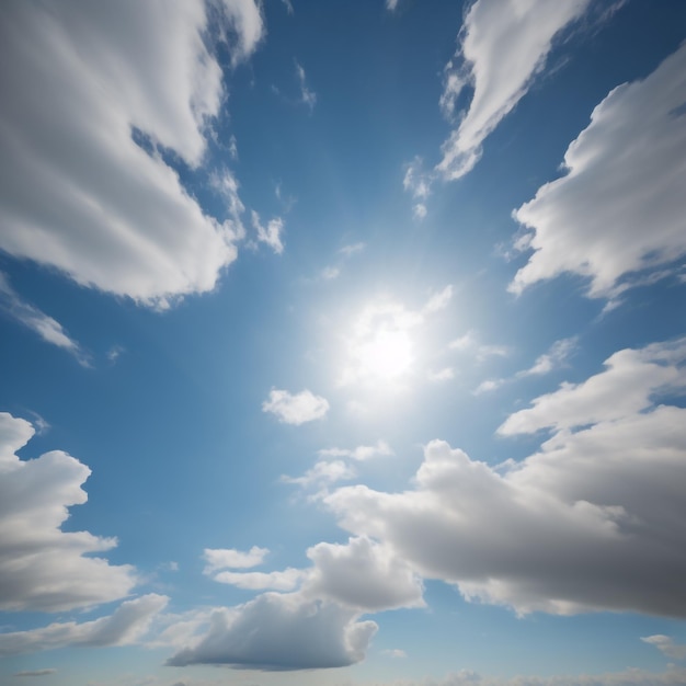 Fundo do céu azul com nuvens brancas e luz solar intensa