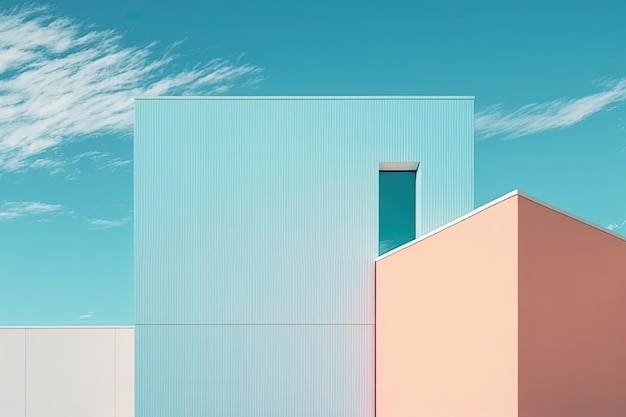 Fundo do céu azul e uma fachada de edifício minimalista em cores pastel