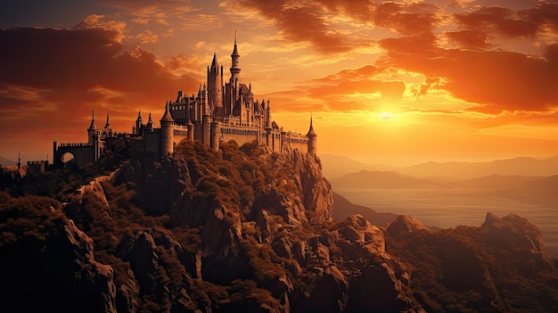 Fundo do céu pôr do sol com castelo no penhasco em uma paisagem de fantasia