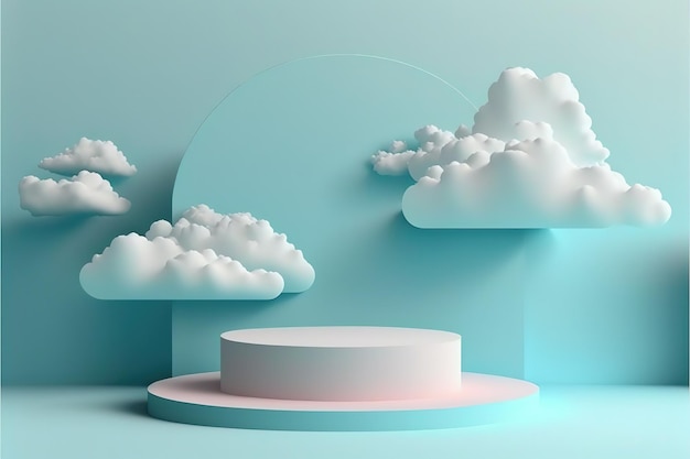 Fundo do céu renderização 3d azul com pódio e cena de nuvem mínima fundo de produto mínimo