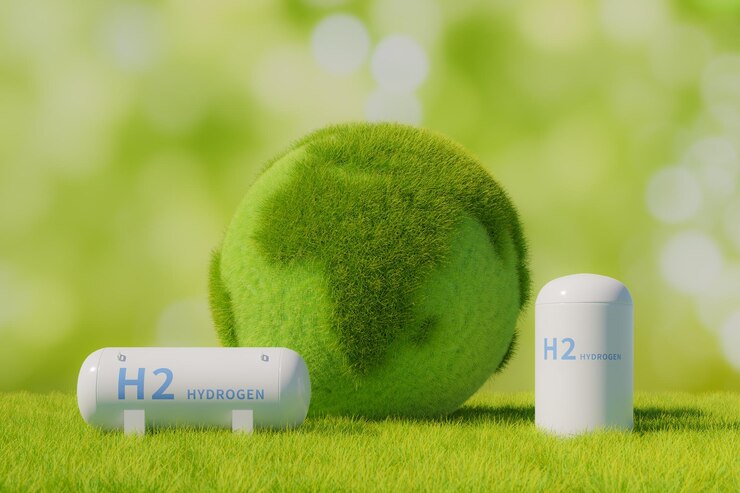 Fundo do conceito de energia verde com tanque de energia de hidrogênio e globo coberto de grama na renderização 3d de grama