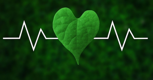 Fundo do conceito de saúde ambiental, folha em forma de coração com batimento cardíaco