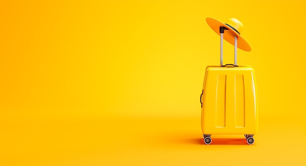 Foto fundo do conceito de viagem de bagagem e chapéu amarelo cópia espaço renderização 3d