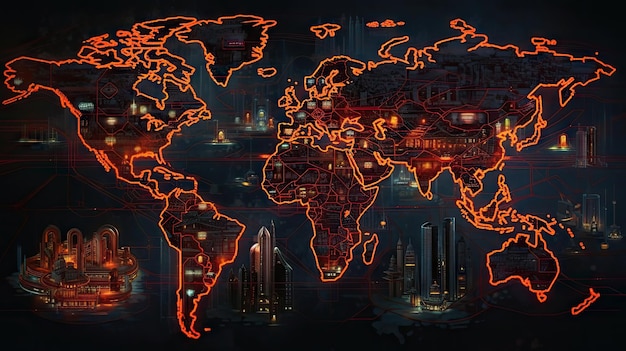 Fundo do cyberpunk do mapa do mundo IA generativa