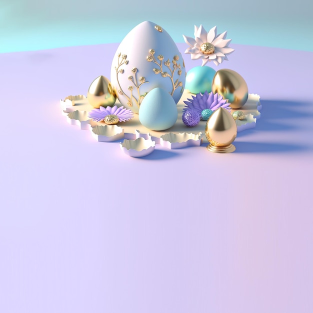 Fundo do dia de Páscoa com ovos de Páscoa de renderização 3D e decoração floral