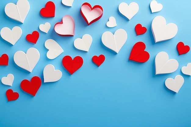 Fundo do Dia dos Namorados Corações brancos e vermelhos em fundo azul Conceito do Dia dos Amores
