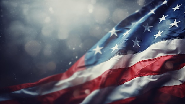Fundo do Dia dos Veteranos Feliz bandeiras americanas contra um fundo de névoa azul