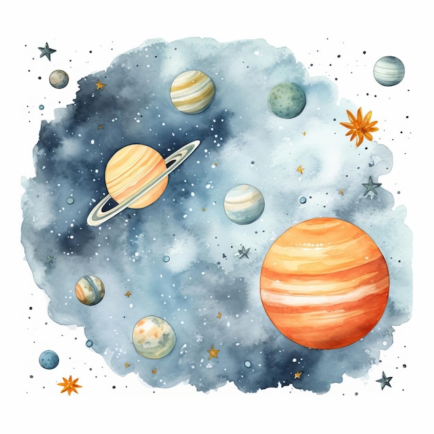 Fundo do espaço aquarela com planetas e estrelas