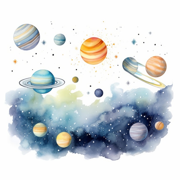 Fundo do espaço aquarela com planetas e estrelas