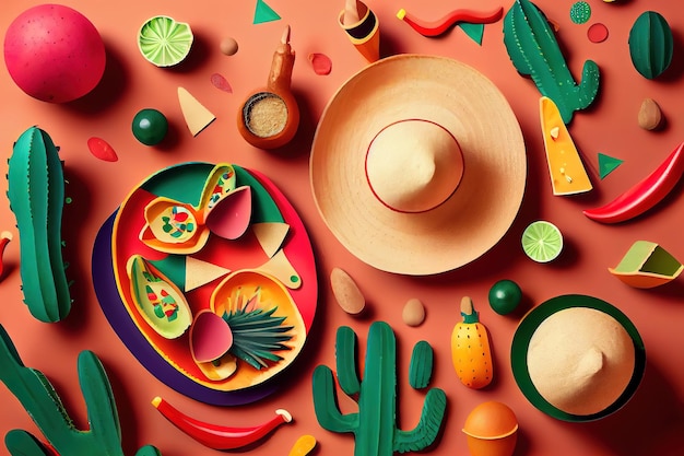 Fundo do feriado de Cinco de Mayo com chips de nachos de cactos mexicanos maracas Generative Ai