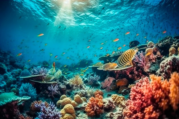Fundo do mar com corais e peixes Generative AI