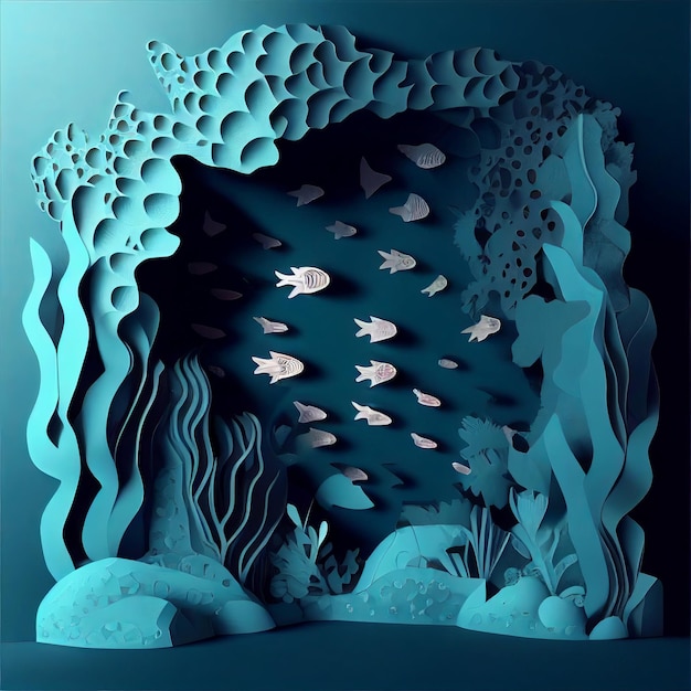 Fundo do mar com estilo de papel de peixe flutuante IA generativa