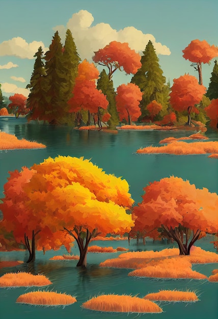 Fundo do outono Lago ou rio com arbustos e árvores de laranja Ilustração 3d de galhos de árvores coloridas