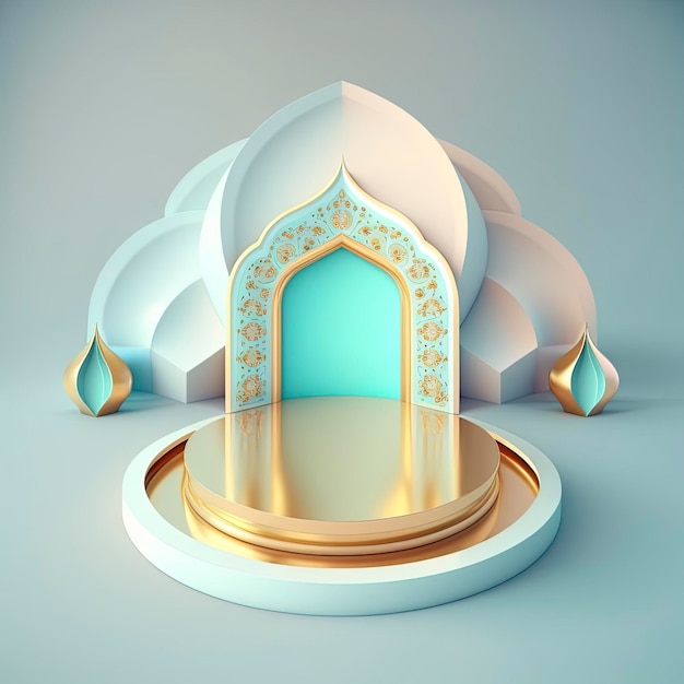 Fundo do pódio do ramadã islâmico da mesquita 3d realista futurista e moderna com cena e palco para exibição do produto