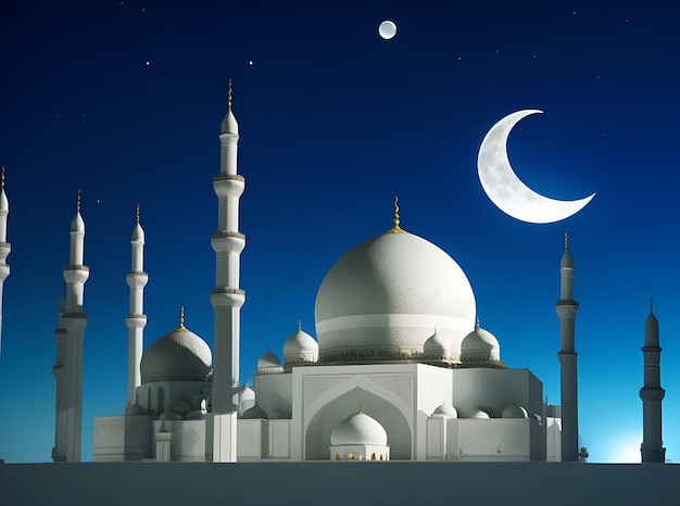 Fundo do Ramadã com mesquita branca e visão noturna da lua