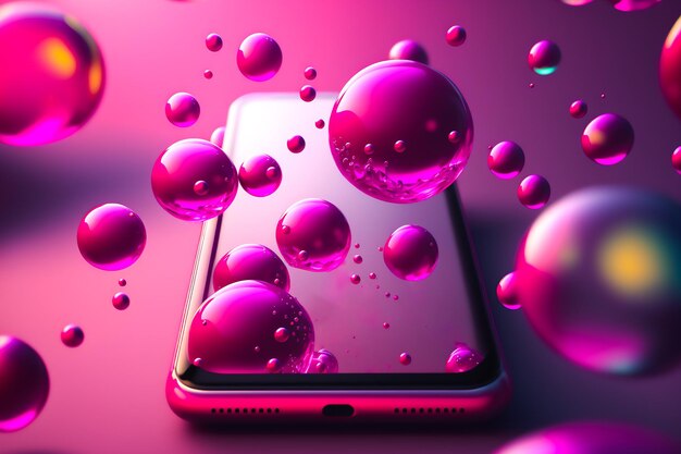 Fundo do telefone móvel com esferas magenta flutuantes, tecnologia de telefone celular com espaço de cópia