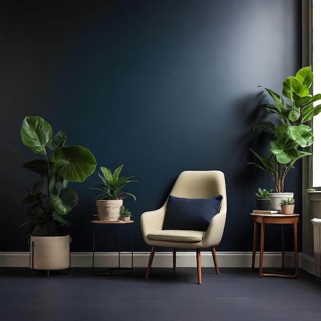 Foto fundo do youtube com paredes brancas duas plantas verdes uma parede azul marinho escuro e uma cadeira