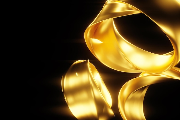 Fundo dourado escuro, figura abstrata, formas douradas luxuosas, sobre um fundo preto. Ondas de ouro, linhas de metal, fundo elegante, desenho geométrico. 3D render, ilustração 3D.
