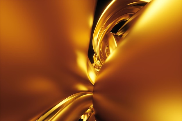 Fundo dourado escuro, figura abstrata, formas douradas luxuosas, sobre um fundo preto. ondas de ouro, linhas de metal, fundo elegante, desenho geométrico. 3d render, ilustração 3d.