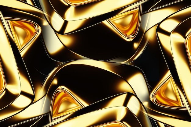 Fundo dourado escuro, figura abstrata, luxuosas formas douradas, sobre fundo preto. Ondas de ouro, linhas de metal, fundo elegante, desenho geométrico. renderização 3D, ilustração 3D.