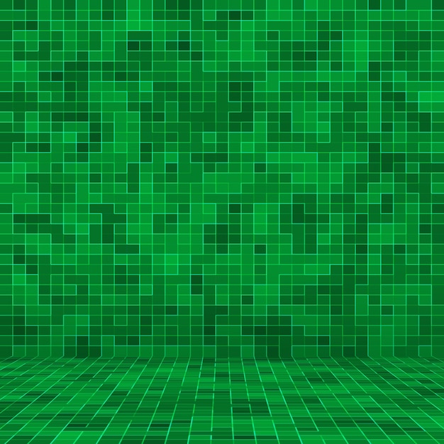 Fundo e textura da parede do mosaico do mosaico do pixel quadrado verde brilhante abstrato.