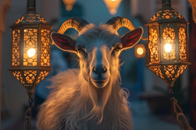 fundo Eid al adha com imagens de cabra com lanterna islâmica saudação Eid al Adha
