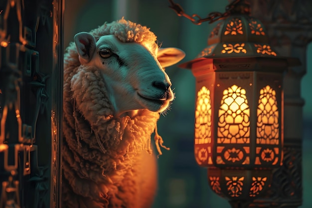 fundo Eid al adha com imagens de ovelhas com lanterna islâmica saudação Eid al Adha