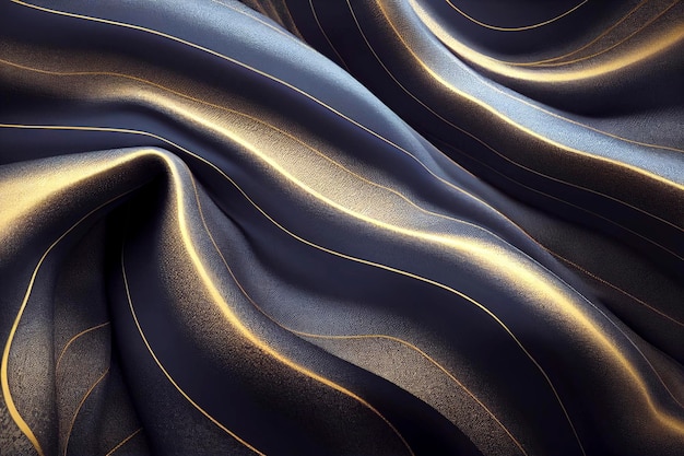 Fundo elegante espetacular de um tecido azul escuro suave e sedoso com um padrão de textura dourada Belas obras de arte abstrata realista Ilustração 3D de arte digital