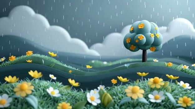 Fundo em estilo de desenho animado em 3D com tema de chuva em Green Hills