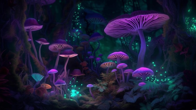 Fundo encantador da selva de cogumelos com brilho de néon roxo