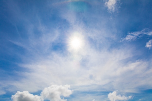 Fundo ensolarado, céu azul com nuvens brancas e sol