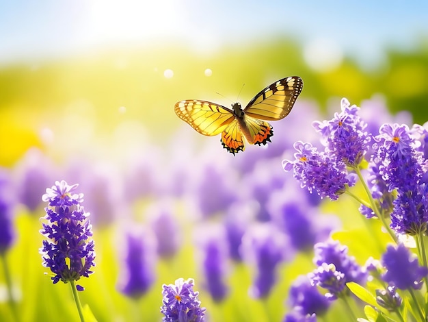 Fundo ensolarado da natureza do verão com borboleta da mosca e flores da alfazema com luz solar e bokeh