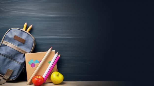 Fundo escolar de quadro preto de giz com mochila e materiais escolares de volta para a escola