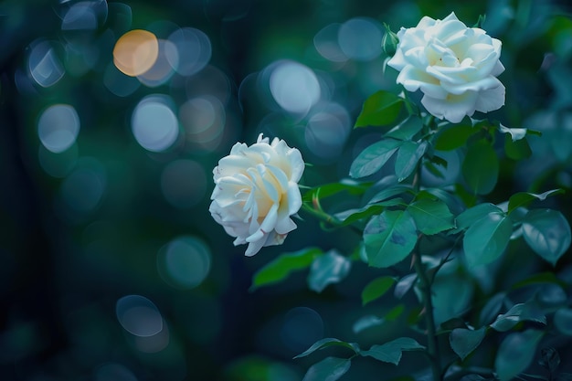 Fundo escuro com bokeh rosas brancas folhas verdes Close up