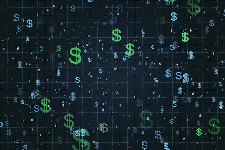 Foto fundo escuro criativo com sinais de dólar brilhantes criptomoeda e conceito de pagamento renderização 3d