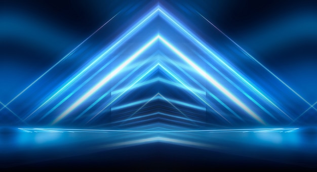 Fundo escuro futurista abstrato Raios de luz neon azul refletem na água