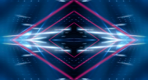 Fundo escuro futurista abstrato Raios de luz neon azul refletem na água