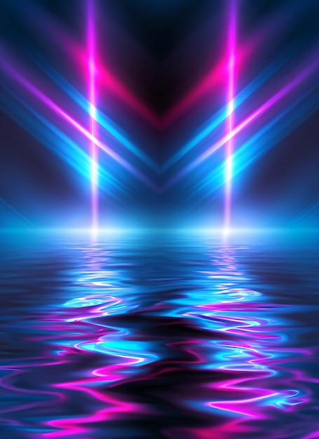 Fundo escuro futurista abstrato Raios de luz neon azul refletem na água