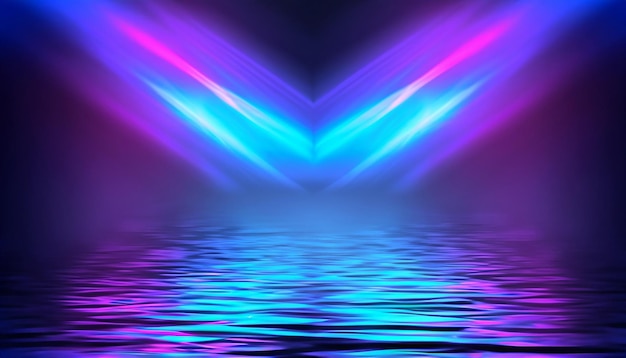 Fundo escuro futurista abstrato Raios de luz neon azul refletem na água