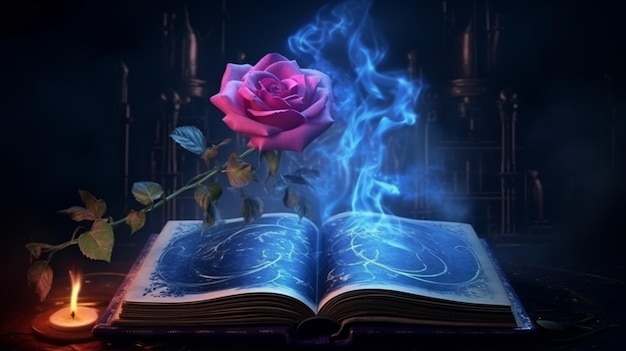 Fundo escuro mágico de fantasia com um livro antigo de flor rosa mágica, espelho de ferro antigo